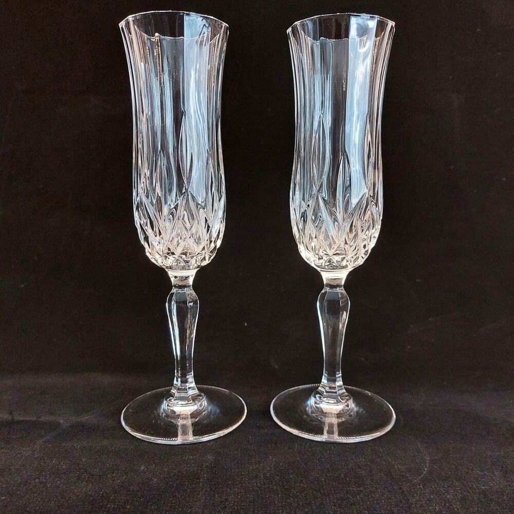Vintage RCR Opera Crystal Champagne Flutes Set 2 Italian Cut Glass Toasting Cups